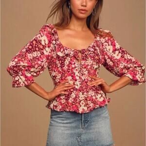 Free People Sweet Memories 3/4 Sleeve Orange & Pink Floral Blouse Women's Small